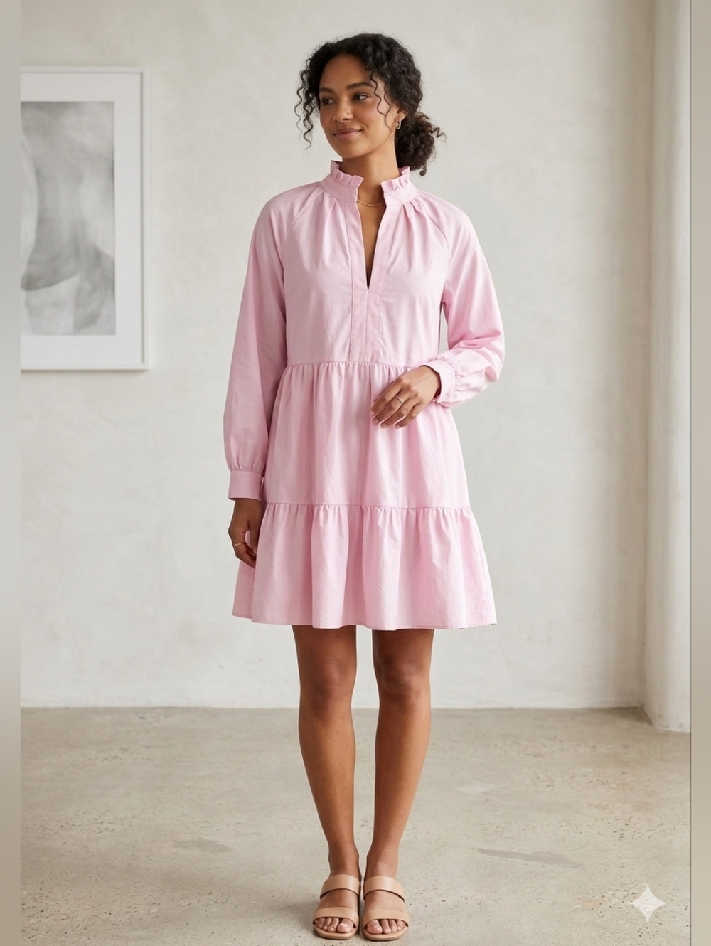 Emery Rose Pink Tiered Ruffle-Neck Long-Sleeve Dress Size Small NWT